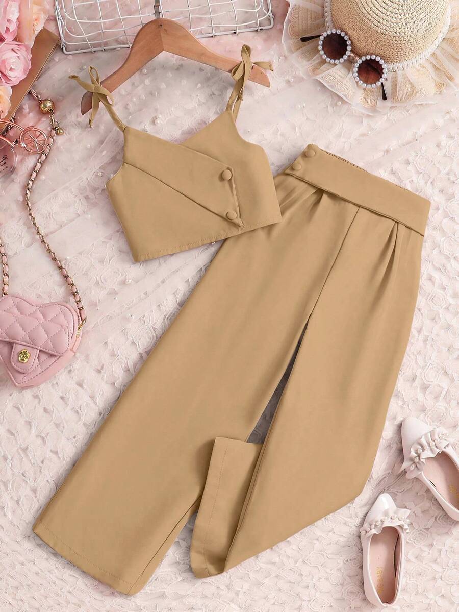SHEIN 女童時尚蝴蝶結西裝背心與西裝長褲兩件套,適合日常穿著與度假,夏季 - 卡其色 - 查看 1