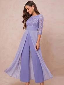 Amorya Women's New Elegant Textured Jacquard Patchwork Chiffon Flowy Jumpsuit, Suitable For Parties And Multiple Occasions - Purple - View 7