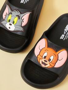 TOM & JERRY X SHEIN 可愛卡通圖案兒童EVA拖鞋，適合幼兒與兒童，可於室內、淋浴或戶外使用，輕便舒適 - 黑色 - 查看 2