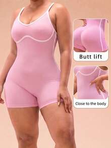SHEIN Rhythm Era Women's Plus Size Piped Camisole Style Sports Athletic Romper Gym Light Pink Summer Pilates - Pink - View 4
