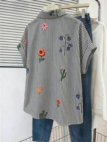 GlowEve 女款寬鬆版型短袖翻領收口條紋仿刺繡花卉圖案襯衫 - 黑與白 - 查看 2