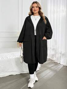 SHEIN CURVE+ جاكيت طويل أسود مقاس كبير، تصميم ضيق الخصر، خريف وشتاء، العودة إلى المدرسة، 2026 22W - الأسود - مشاهدة 6