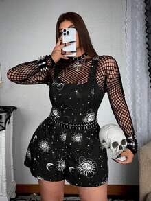 Whyspr Plus Size Casual Gothic Style Skull Print Jumpsuit Comfortable Casual Overall Shorts Spring Summer - Black - View 7