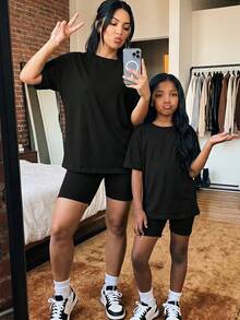 青少年女孩夏季軟綿黃色檸檬印花寬鬆針織T恤+內搭褲2件套，休閒日常時尚百搭套裝，適合外出、旅行、度假、露營、姐妹穿搭、家庭拍照 - 黑色 - 查看 6