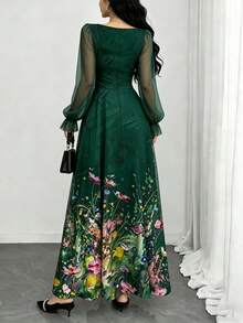 Modelyn 花卉植物油画纹理图案苔藓绿法式连衣裙，女士时尚方领灯笼袖设计优雅长裙，夏季收腰连衣裙，适合夏季度假和日常穿着 - 彩色 - 查看 2