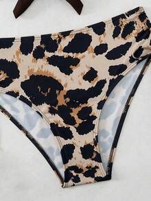SHEIN Swim Swim Lushoire 2件式成熟時尚性感熱帶風女款泳衣，巧克力棕米色純色繫繩上衣與花卉印花短褲套裝 - 棕色 - 查看 7