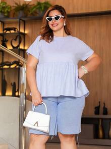 Truni Plus Size Summer Casual Washed Denim Shorts,Back To School, For Pear And Triangle Body Shape - Blue - View 5