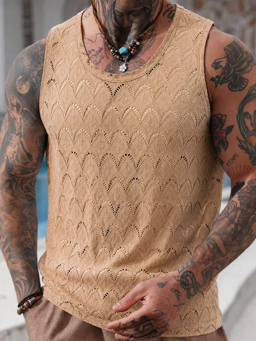 Ironwick Camiseta sin mangas de unicolor con diseño hueco para fitness y deportes diarios para hombres - Marrón - Ver 1