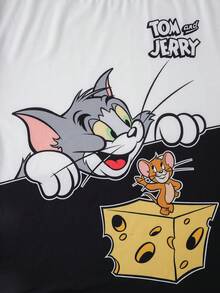 TOM & JERRY X SHEIN Plus Size Men's Cartoon Print Short Sleeve Top And Shorts Pajama Set - Black and White - View 4