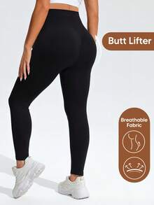 SHEIN Maternity Solid Color High Waist Daily Fitness Sports Leggings - Black - View 4