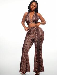 Radiana Plus Size Women's Fashion Sexy 2-Piece Set: Ring Design Snake Print Halter Deep V-Neck Top + Matching Flare Pants Set, Suitable For Party, Daily Wear - Multicolor - View 5