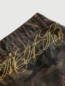 ROMWE Street Life Summer Street Punk Camouflage Colorblock Slogan Embroidered Mini Denim Shorts - Multicolor - View 4