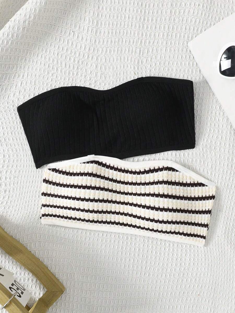 SHEIN Tween女孩簡約純色條紋舒適親膚內墊抹胸內衣,2件組 - 彩色 - 查看 1