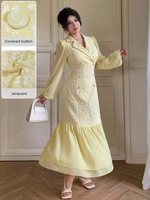 Modelyn Elegant Romantic Double-Breasted Lapel Collar Chiffon Patchwork Yellow Jacquard Dress Tea Party Summer - Yellow - View 7