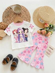 Colorful Star Pattern & Cute Girl Graphic Casual Basic Set, Baby Girls Sweet & Delicate White Round Neck Short Sleeve Top, Pink Star Flared Pants Comfortable 2-Piece Outfit, Suitable For Spring & Summer Outings And Daily Wear - Multicolor - View 2