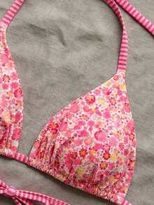 Swim Mod Plus Size Women Ditsy Floral Spaghetti Strap Backless Bikini Top - Hot Pink - View 5