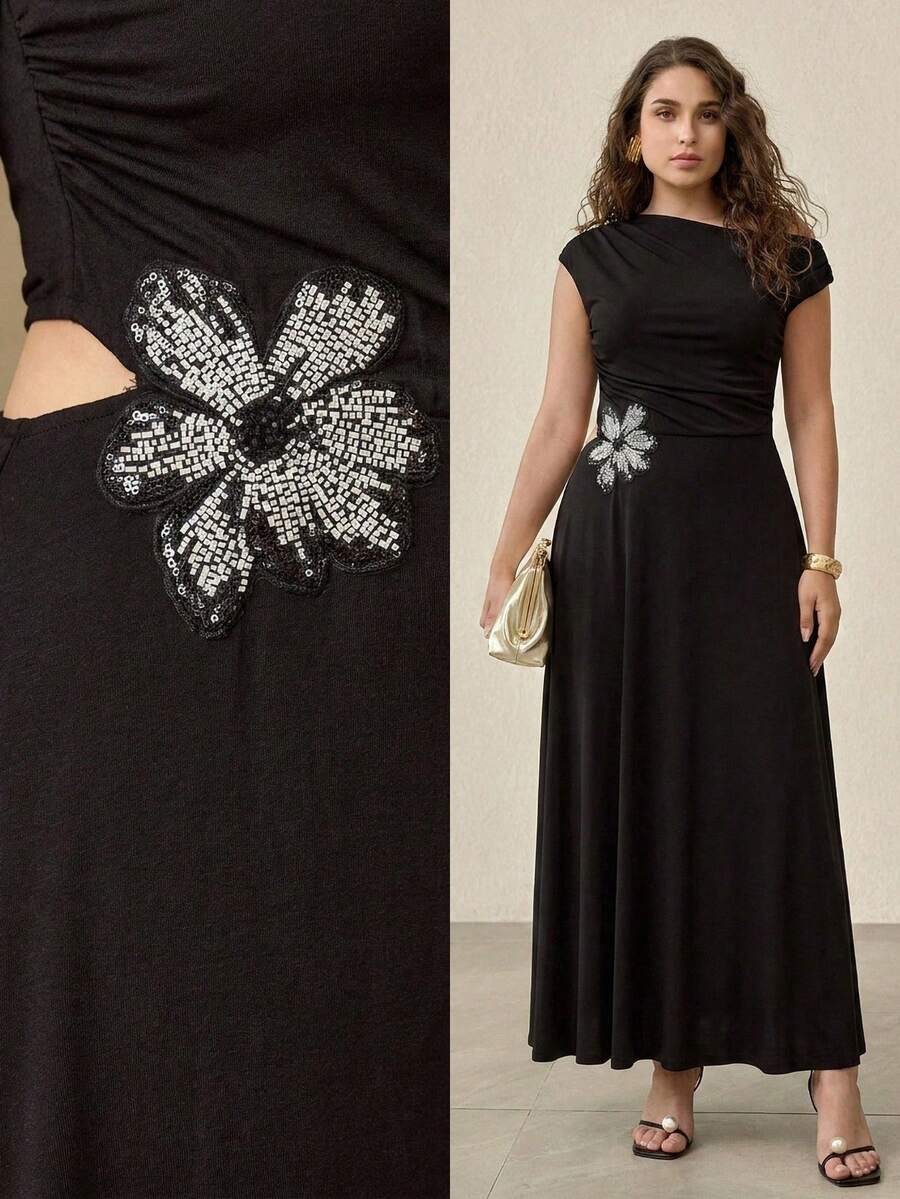 MOTF PREMIUM PLUS SIZE WOMEN'S ELEGANT SLIMMING DRESS WITH SHOULDER CUT-OUT, WAIST CUTOUT, BEADED FLORAL APPLIQUE, SPRING/SUMMER - Black - View 1