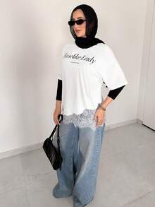 Solavon New Design Letter Print Loose Lace Trim Patchwork Short Sleeve T-Shirt - White - View 5