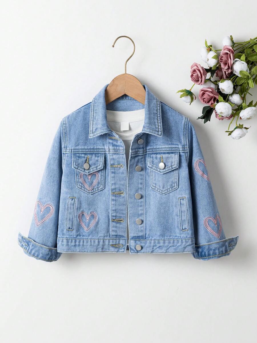 SHEIN Denimly 女孩時尚戶外百搭休閒學院風可愛花朵彩虹蝴蝶結字母愛心印花牛仔夾克外套,翻領水洗牛仔長袖 - 藍色 - 查看 1
