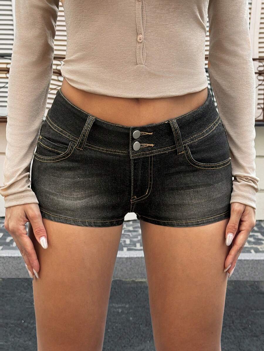 Rivivi 女款夏季黑色與灰色超短牛仔短褲 - 深灰色 - 查看 1