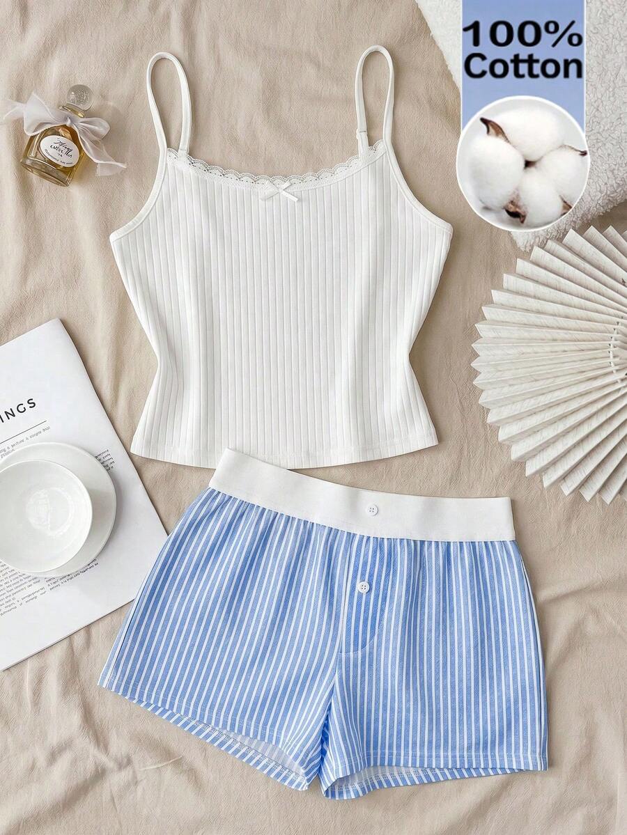 SHEIN 少女春夏情人节家居服,Clean Girl/American品牌,蕾丝边波点图案吊带背心和短裤套装 - 彩色 - 查看 1