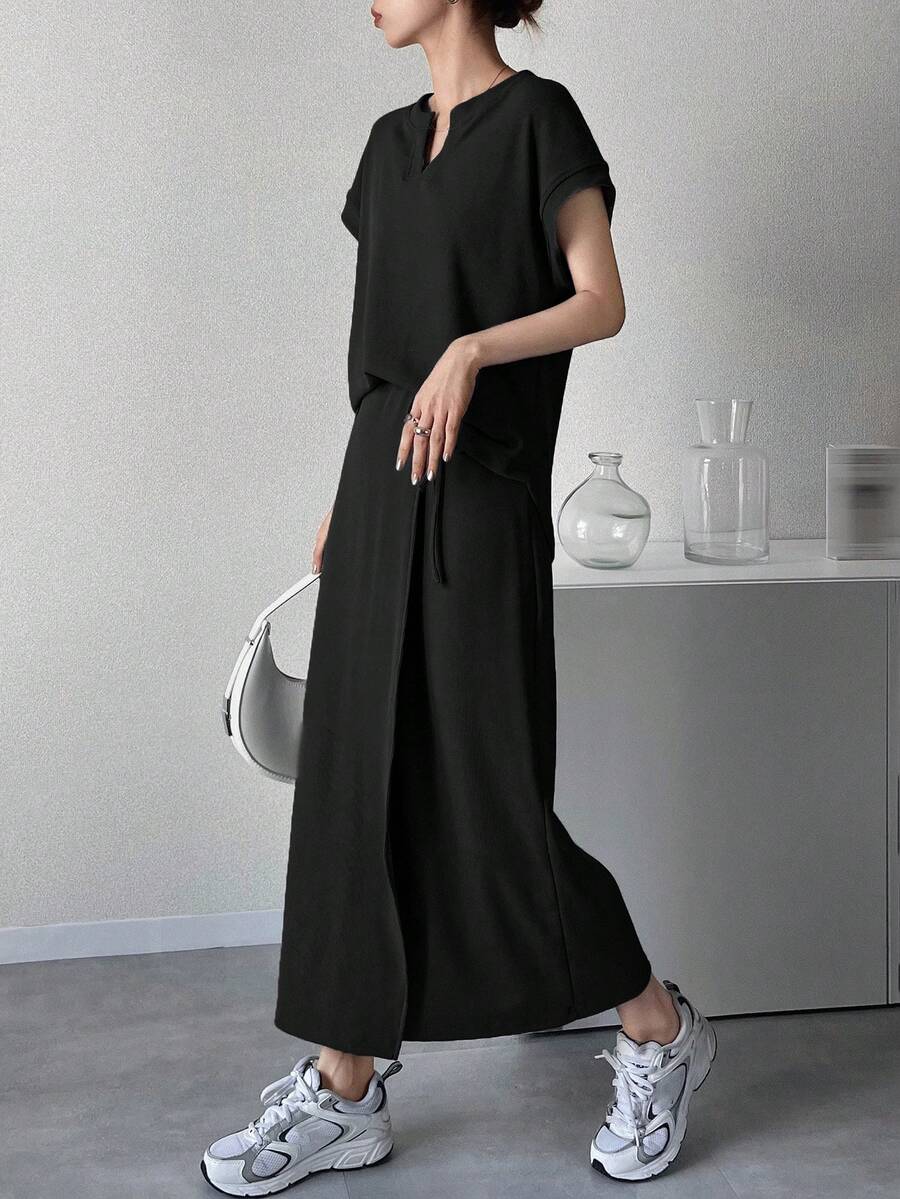 DAZY Women's Solid Color Minimalist Casual Basic Notch V-Neck Top And Tie-Up Maxi Skirt 2 Pieces Set Summer Lounge Sets Brunch Black - Black - View 1
