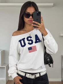 SHEIN Leap Crew Teen Girl Teen Girls Sweatshirts Autumn/Winter New Slogan Print Off-Shoulder Casual College Style Long Sleeve Pullover, Long Sleeve Top, Graduation Season, Back To School - White - View 8