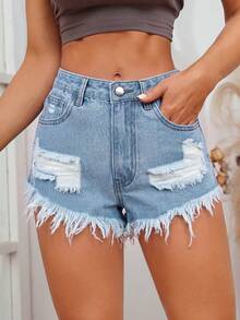 SHEIN PETITE 夏季休閒破洞牛仔短褲，毛邊下擺 - 淺色水洗藍 - 查看 6
