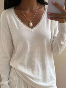 Livesso Women's Contrast Lace V-Neck Long Sleeve Fitted Fashionable T-Shirt,Fall Clothes - White - View 8