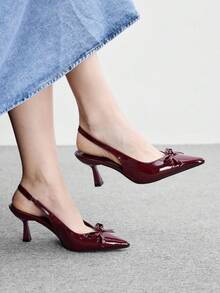 CUCCOO BIZCHIC Ladies Burgundy Patent Leather Back Empty High Heels, Pointed Bow Horn And Commuter Shoes - Burgundy - View 1