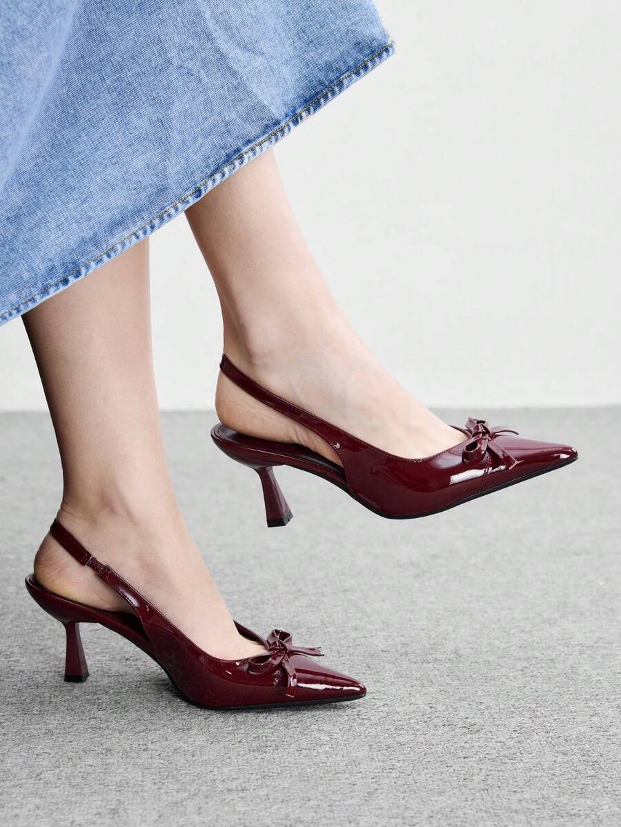 CUCCOO BIZCHIC Ladies Burgundy Patent Leather Back Empty High Heels, Pointed Bow Horn And Commuter Shoes - Burgundy - View 1