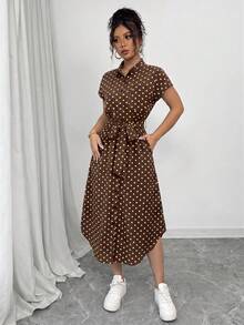 SHEIN Raffinéa 女款休閒度假旅行豹紋前排扣襯衫腰帶蝴蝶結口袋側開衩 2025夏季新款短袖長洋裝 - 咖啡 - 查看 5