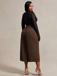 Radiana Plus Size Women's Minimalist Business Casual Fashion Brown Plus Size Wide Leg Capris Pants, Commuter Office Trousers Summer - Brown - View 2