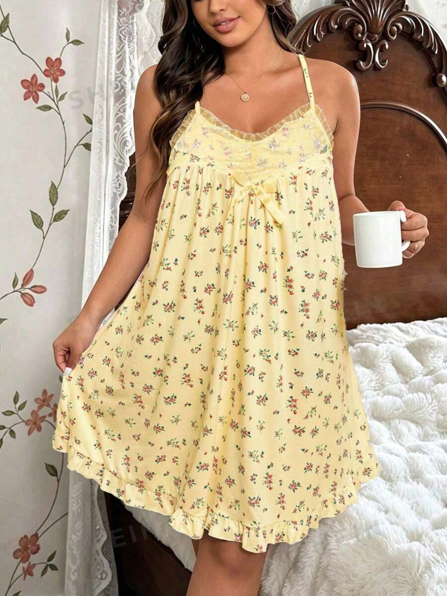 CottageSlumber Plus Size Women Lace Trim Bow Decor Casual Everyday Dress - Yellow - View 1