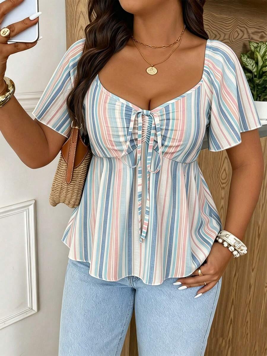 SHEIN Frenchy Vacation Casual Striped Short Sleeve Plus Size T-Shirt - Multicolor - View 1