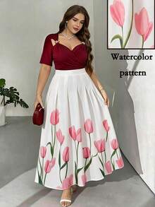 Modelyn Plus Size Women's Floral Print Pleated Design Elegant Skirt Vacation White Autumn Evening Tea Party - Multicolor - View 1