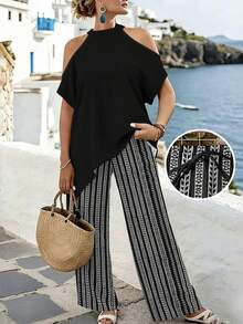 EMERY ROSE Plus Size Two Pieces Set,Black And White Striped Cold Shoulder Halter Top With Asymmetrical Hem,Drawstring Pants,Boho Elegant Summer Vacation Holiday - Multicolor - View 1