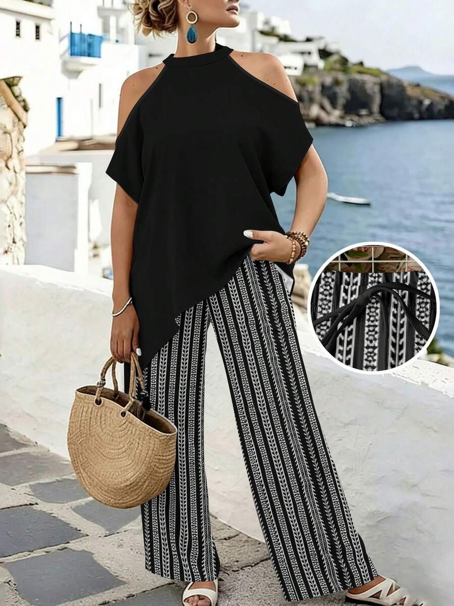 EMERY ROSE Plus Size Two Pieces Set,Black And White Striped Cold Shoulder Halter Top With Asymmetrical Hem,Drawstring Pants,Boho Elegant Summer Vacation Holiday - Multicolor - View 1