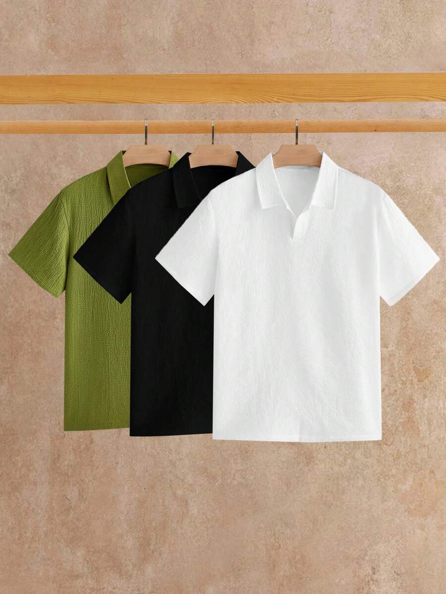 HIMLAND Men's Solid Color Fashion Short Sleeve Textured Polo Shirts 3-Pack - Multicolor - View 1