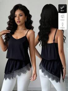 SHEIN Damen-Camisole Einfarbig mit kontrastierender Spitze und asymmetrischem Saum - Schwarz - Übersicht 3