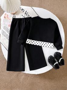 SHEIN Young Girl Korean Style Energetic Loose Black Sweatshirt 2 In 1 Bowknot Pattern 2-Piece Set - Black - View 2