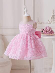 Glamorique Kids 女童优雅花卉刺绣网纱缎面连衣裙，后背蝴蝶结设计，适合生日、婚礼、派对、舞台表演、度假等场合。 - 粉色 - 查看 5