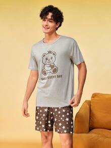SHEIN Men's Bear & Star Print Crew Neck Loungewear/Casual Set - Light Grey - View 5