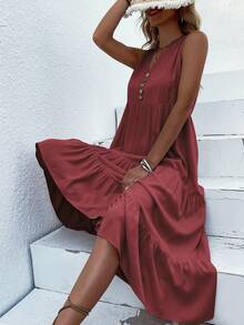 Breezaya Vestido de túnica con detalle de botones y bajo con volantes, vestido largo ideal para vacaciones en la playa para mujeres - Color caoba - Ver 4