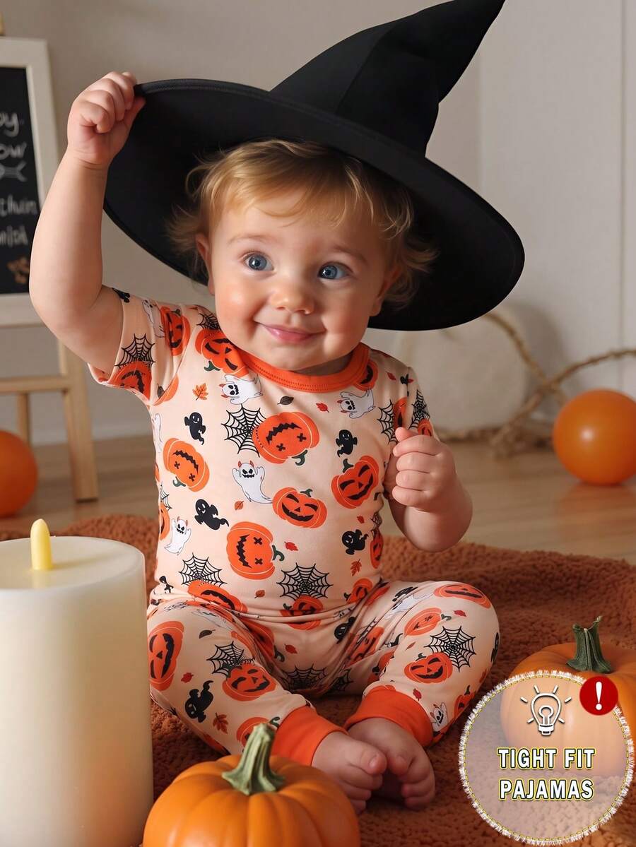 Conjunto de pijama ajustado para bebé niño, cómodo y suave, de tela acanalada de alta elasticidad, con estampado de calabaza de Halloween, manga corta, cuello redondo y pantalones largos - Naranja - Ver 1