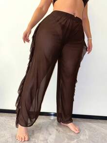 Slaydiva Plus Size Sheer Ruffle Trim Cover-Up Top And Pants - Coffee Brown - View 2