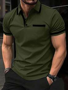 Calvornis 男士夏季休閒拼接飾邊短袖 Polo 衫 - 軍綠色 - 查看 1