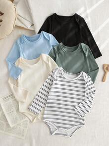 SHEIN Playful Pals 5件組嬰兒新生兒休閒純色百搭長袖連身衣，適合四季穿著 - 彩色 - 查看 3