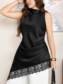 Comfylo Plus Size Women's Cowl Neck Lace Patchwork Asymmetrical Hem Elegant Sleeveless Top - Black - View 4
