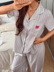 Napfluff 休閒字母貼布垂直條紋女款居家服套裝 - 彩色 - 查看 7